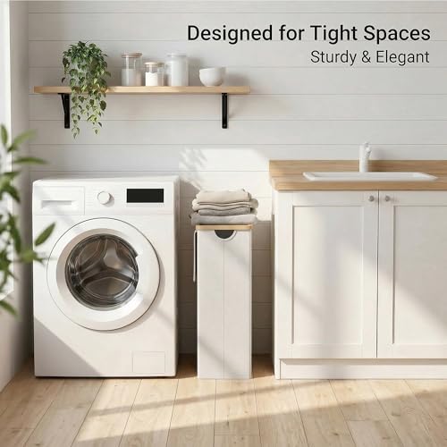 efluky Slim Laundry Basket with Lid, Narrow Laundry Hamper with Removable Bag, Skinny Dirty Clothes Basket with Bamboo Handles for Bathroom, Bedroom & Laundry Room, 65L Beige - color: Beige, size: 65L