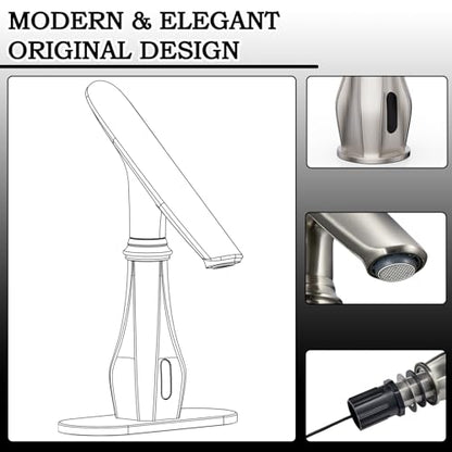 Touchless Bathroom Sink Faucets, Brushed Nickel Bathroom Faucet Single Hole, Automatic Motion Sensor Battery Operated with Cover Plate and Mixing Valve for Commercial and Home - color: Brushed Nickel