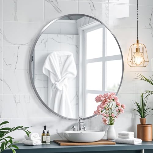 34inch Sliver Round Mirror,Aluminum Brush Framed,Wall Mounted Vanity Mirror,5MM Copper Free Mirror - size: 34"L x 34"W