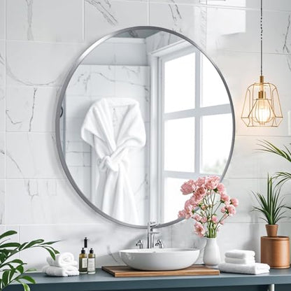34inch Sliver Round Mirror,Aluminum Brush Framed,Wall Mounted Vanity Mirror,5MM Copper Free Mirror - size: 34"L x 34"W