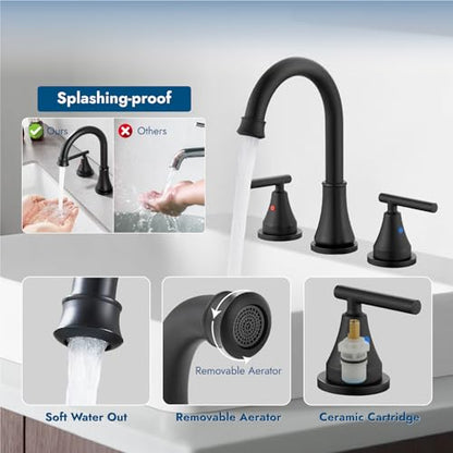 Widespread Bathroom Faucet 3 Hole, 8 inch Bathroom Sink Faucet with Pop-up Drain and Supply Lines, Two Handles, Stainless Steel, Matte Black - color: Matte Black