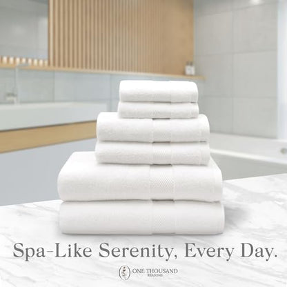 Premium Staple Cotton Bathroom Towel Set - White 600 GSM 6-Piece Luxury Bath Towel Set 1 Stripe - 2 Bath Towels, 2 Hand Towels & 2 Washclothes Set - High Absorbent & Quick Dry for Gym, Spa, Hotel - color: White - 1 Stripe
