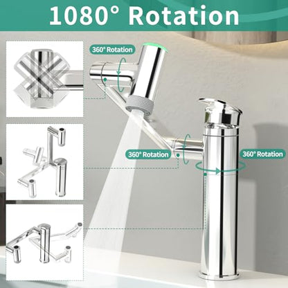 Modern Bathroom Faucet 1 Hole with Temperature Display, Chrome | Batteries-Free, 1080° Rotatable Single Hole Bathroom Faucet, Single Handle Bathroom Vanity Faucets, 2 Spray Modes - color: Chrome