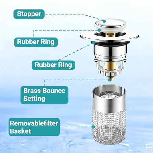 Bathroom Sink Drain Strainer Pop-Up Sink Stopper, Silver, 2Pcs | Hair Catcher Anti-Clog with Removable Stainless Steel Filter Basket, Universal for US Standard Drain Stopper Replacement