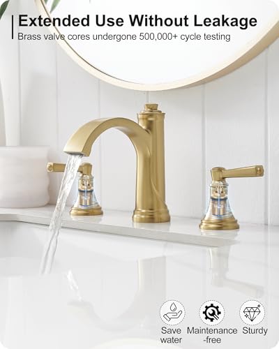 Brass Bathroom Waterfall Faucet, 4-16 Inch Brushed Gold Bathroom Faucet Widespread Bathroom Sink Faucet, 2 Handles Bathroom Faucets for Sink 3 Hole with Pop Up Drain, Water Hoses - color: Brushed Gold