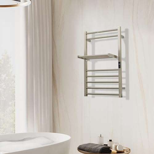 Heated Towel Warmer Rack Electric Bathroom with Voice Control Alexa & Google Home,TUYA Wall-Mounted,Stainless Steel,31.5x19.69x11.61in,Foldable Storage,Plug-in,Brushed Nickel,10 Bars - color: Bruched Nickel With Wifi & Shelf