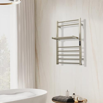 Heated Towel Warmer Rack Electric Bathroom with Voice Control Alexa & Google Home,TUYA Wall-Mounted,Stainless Steel,31.5x19.69x11.61in,Foldable Storage,Plug-in,Brushed Nickel,10 Bars - color: Bruched Nickel With Wifi & Shelf