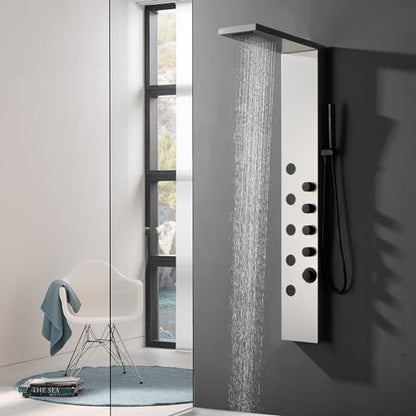 Shower Panel Tower System with Rainfall Shower Head | 5 Body Jets and Handheld Shower Head Modern Massage Shower System Brushed Nickel by Homevacious - color: Brushed Nickel and Black, style: Standard Shower Panel