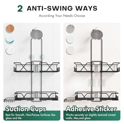 Sewulidon Stainless Steel Hanging Shower Caddy for Handheld Shower Heads,Adjustable Height Extra Long Bathroom Shower Organizer Hanger Rack with Hooks,Soap Holder - color: Black