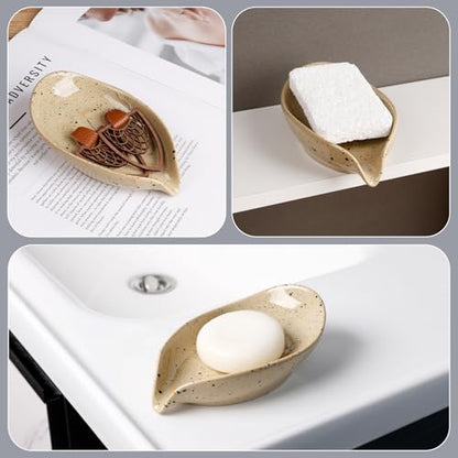 Soap Dish, Self Draining Soap Dishes 2PCS, Leaf Shape Ceramic Bar Soap Holder Drain Soap Dishes for Bathroom Sink Shower Kitchen, Easy to Clean Keeps Soap Dry, ANTIS'S HOME - color: Lightcurry-2pcs-enhanced Draining