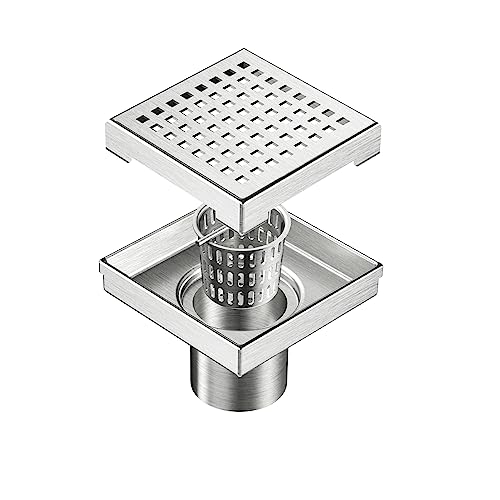 Neodrain 4 in Brushed Square Shower Drain with Quadrato Pattern Grate | 304 Stainless Steel Square Drain for bathroom, with Hair Strainer and Lifting Hook,Waterproof & Durable, CUPC Certified - color: Stainless, size: 4 IN