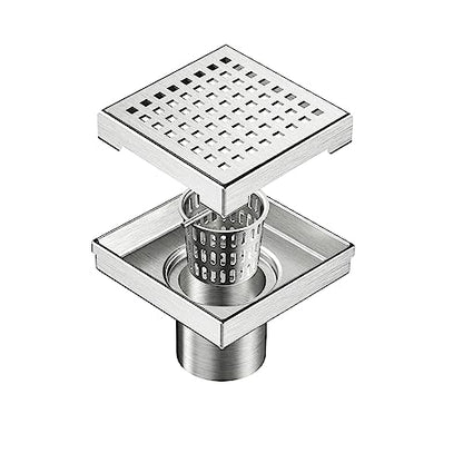 Neodrain 4 in Brushed Square Shower Drain with Quadrato Pattern Grate | 304 Stainless Steel Square Drain for bathroom, with Hair Strainer and Lifting Hook,Waterproof & Durable, CUPC Certified - color: Stainless, size: 4 IN