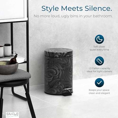 Sanilo Small Bathroom Trash Can with Lid [1.3 Gallon] - Lidded Tiny Trashcan for Garbage - Mini Metal Bin with Soft Closing Mechanism - Bath Room Accessoire Wastebin with Inner Bucket (Floral) - color: Floral