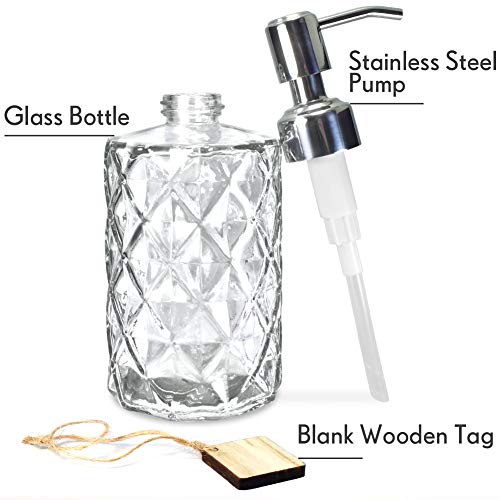 JASAI Diamond Design 12 Oz Glass Soap Dispenser with Rust Proof Pump | Kitchen Soap Dispenser with 304 Stainless Steel Pump, Bathroom Soap Dispenser for Hand Soap, Dish Soap, liquid Soap(Clear) - color: Clearglass-silver Pump, style: Diamond
