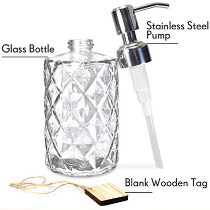 JASAI Diamond Design 12 Oz Glass Soap Dispenser with Rust Proof Pump | Kitchen Soap Dispenser with 304 Stainless Steel Pump, Bathroom Soap Dispenser for Hand Soap, Dish Soap, liquid Soap(Clear) - color: Clearglass-silver Pump, style: Diamond