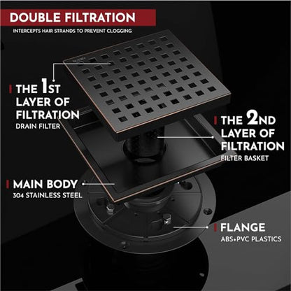 6 Inch Square Shower Floor Drain with Flange,Quadrato Pattern Grate Removable,Food-Grade SUS 304 Stainless Steel,Watermark&CUPC Certified,Oil Rubbed Bronze - color: Oil Rubbed Bronze, size: 6 Inch