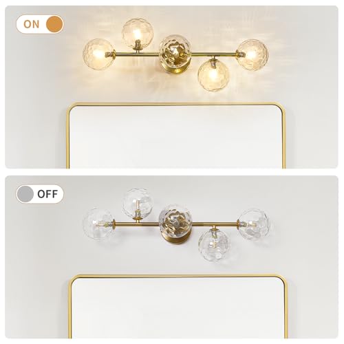 5 Lights Bathroom Vanity Light,Brushed Gold Globe Bathroom Light Fixtures | Hammered Clear Glass Wall Sconce Lighting,Mid Century Modern Brass Bubble Glass Bathroom Vanity Lights over Mirror,G9 Base - color: Gold Hammered Glass, size: G9 Base