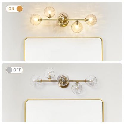 5 Lights Bathroom Vanity Light,Brushed Gold Globe Bathroom Light Fixtures | Hammered Clear Glass Wall Sconce Lighting,Mid Century Modern Brass Bubble Glass Bathroom Vanity Lights over Mirror,G9 Base - color: Gold Hammered Glass, size: G9 Base