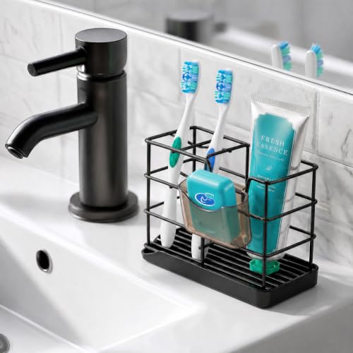 HBlife Toothbrush Holders for Bathrooms Black, Small Stainless Steel Bathroom Toothbrush Holder with Tray, Bathroom Accessories and Apartment Essentials - color: Black