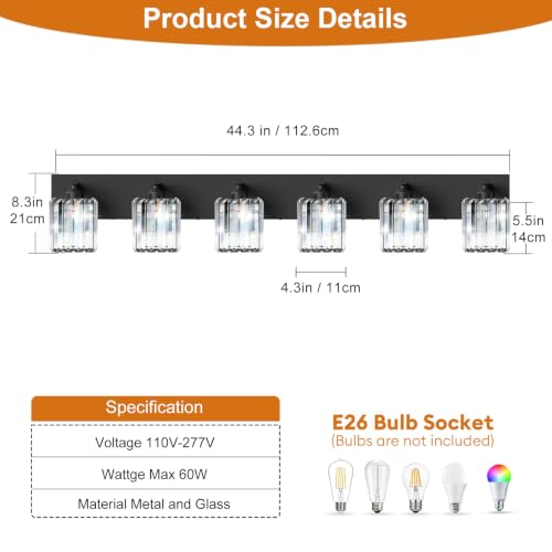 Black Crystal Bathroom Vanity Light, 6-Light Modern Bathroom Lighting Fixtures Over Mirror, Matte Black Wall Sconce Light Fixtures with Square Shade - color: Black-Square Shade, size: 6-LIGHT