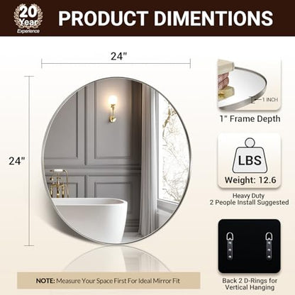 ANDY STAR Round Bathroom Mirror, 24’’ Brushed Silver Round Bathroom Mirrors in Stainless Steel Metal Frame 1" Deep Set Design | Rust-Proof Stainless Steel Thin Frame, Shatterproof HD Glass, 9mm MDF Backboard, Ideal for Living Room, Bedroom, Entryway - col