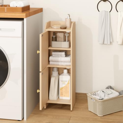 Rattan Narrow Bathroom Storage Cabinet, 7.9''D x 9.8''W x 29.5''H, Toilet Paper Storage Cabinet with 2 Doors & Adjustable Shelf, Space-Saving Bathroom Organizer for Small Spaces, Natural Oak