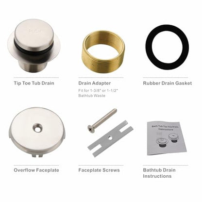 HIDROP Brushed Nickel Tip Toe Bathtub Drain Kit, 1-Hole Overflow Faceplate | 304 Stainless Steel and Brass Trim Set, Universal Fine/Coarse Thread fit 1-3/8" or 1-1/2" Tub Drain,Tub Drain Replacement - color: Brushed, style: 1 Hole