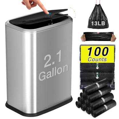 Bathroom Trash Can with Lid, 8L/2.1 Gallon Silver Trash Can Small Garbage Can with Press Top Lid Slim Stainless Steel Garbage Can with 100 Counts Trash Bags for Bathroom Bedroom Kitchen Office Toilet - color: Silver, size: Press-Top Trash Can