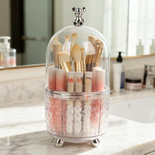 Dezzer Makeup Brush Holder with Lid, 360 Rotating Dustproof Make Up Organizers, 6 Slot Make up Brush Holder for Vanity Bathroom Countertop Office, Clear - size: 4.8x9.8 inch-Clear