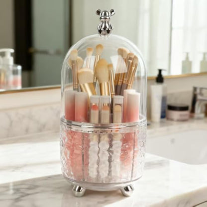 Dezzer Makeup Brush Holder with Lid, 360 Rotating Dustproof Make Up Organizers, 6 Slot Make up Brush Holder for Vanity Bathroom Countertop Office, Clear - size: 4.8x9.8 inch-Clear