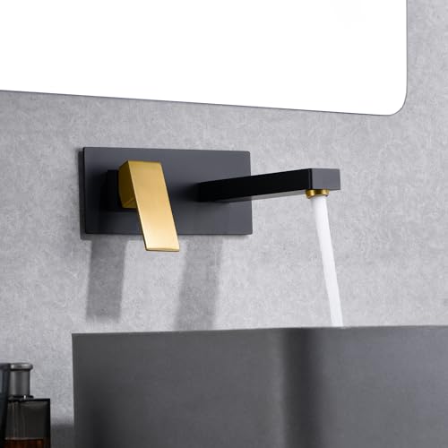 SUMERAIN Wall Mounted Bathroom Sink Faucet, Black and Gold | Left-Handed Single Handle, Rough in Valve and Wall Plate Included - color: Black and Gold, size: Left-Handed