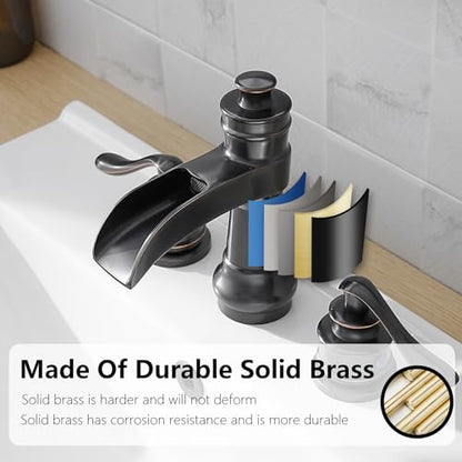 Bathroom Sink Faucet Waterfall 3 Hole or 8 Inch Widespread Tap | Oil Rubbed Bronze,Brass,Dual Handle,Easy to Clean,Simple Installation,Pop-up Drain,Supply Line,Control of Hot and Cold Water - color: Oil Rubbed Bronze
