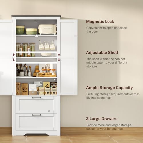 66.1" H Storage Cabinet with 2 Drawers, Farmhouse Kitchen Pantry Cabinet with 2 Doors & Adjustable Shelf, Bathroom Cabinet, for Living Room, Kitchen, Bathroom, White - color: White