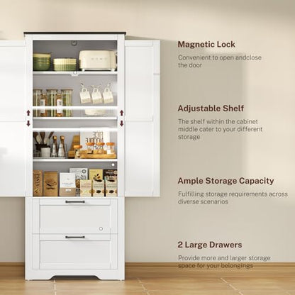 66.1" H Storage Cabinet with 2 Drawers, Farmhouse Kitchen Pantry Cabinet with 2 Doors & Adjustable Shelf, Bathroom Cabinet, for Living Room, Kitchen, Bathroom, White - color: White