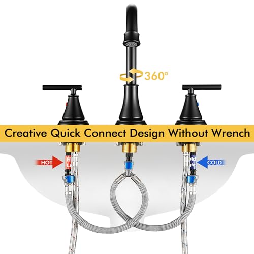 Black 8 Inch Widespread Bathroom Sink Faucet 3 Hole, Bathroom Vanity Faucet with Metal Pop-up Drain Assembly, 2 Handle Basin Supply Hoses - color: Matte Black