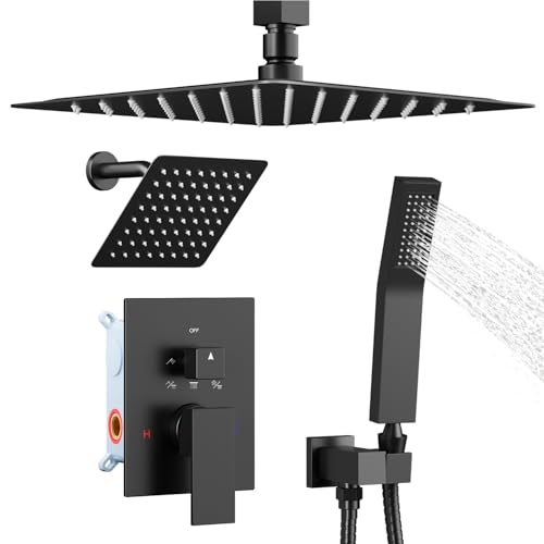 Shower System Shower Faucet Set, STARBATH 12"+6" Ceiling Mount Rain Shower Head and Handheld Spray for Two Person, Rainfall Shower System with Diverter Valve and Trim Kit Complete，Matte Black - color: Matte Black, size: 12"+6"-2
