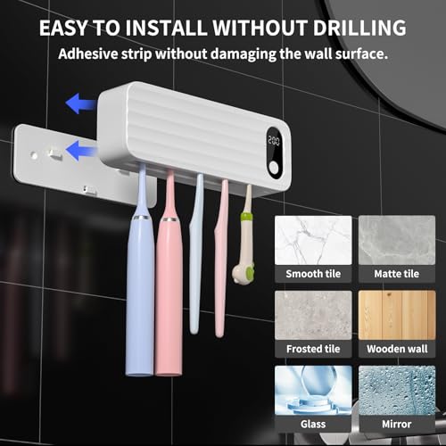 Toothbrush Sanitizer and Holders, UV Toothbrush Sanitizer Holder for Bathroom with 5 Slot, Timer Function, 2000mAh Rechargeable Toothbrush Cleaner Holder Wall Mounted Without Drilling