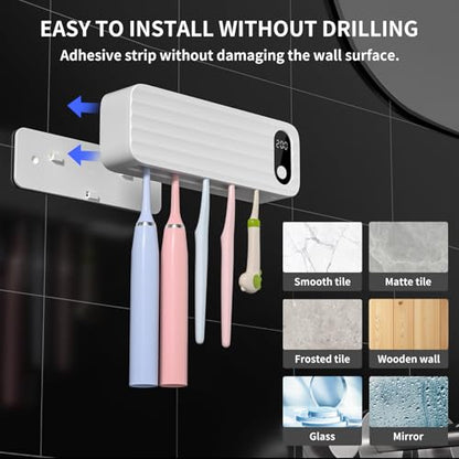 Toothbrush Sanitizer and Holders, UV Toothbrush Sanitizer Holder for Bathroom with 5 Slot, Timer Function, 2000mAh Rechargeable Toothbrush Cleaner Holder Wall Mounted Without Drilling