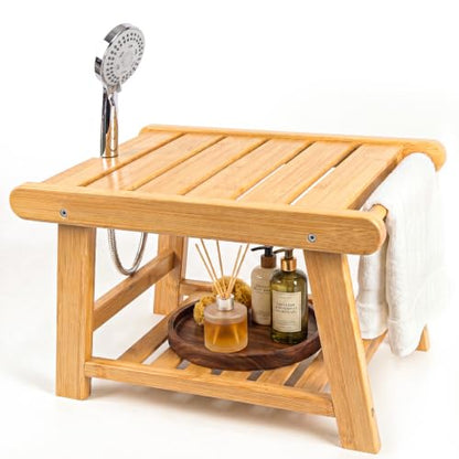 Bamboo Shower Bench Stool for Inside Shower Chair | Waterproof Shower Stool for Shaving Legs to Sit On, Spa Shower Seat Storage Shelf, Bathroom Bench Foot Rest