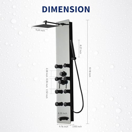 BWE Stainless Steel Shower Panel Tower System Black Split Type | Multi-Function Tempered Glass Shower Panel Rainfall Shower Head Sprayer 8-Massage Jets with Tub Spout Hand Shower