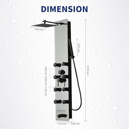 BWE Stainless Steel Shower Panel Tower System Black Split Type | Multi-Function Tempered Glass Shower Panel Rainfall Shower Head Sprayer 8-Massage Jets with Tub Spout Hand Shower