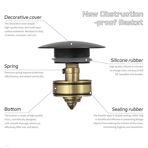 BWE Oil Rubbed Bronze One Piece Bathroom Vessel Sink Drain Stopper with Overflow Pop Up Drain Assembly with Strainer for Bathroom Vessel Vanity Faucet - color: Bronze, size: With Overflow