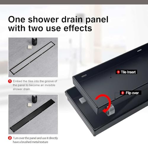 SaniteModar Linear Shower Drain 16 inch Matte Black with Tile Insert Panel | AISI 304 Stainless Steel Black Linear Dain Rectangle Shower Floor Drain with Hair Strainer and Leveling Feet - color: Black Tile Insert Grate, size: 16 inch