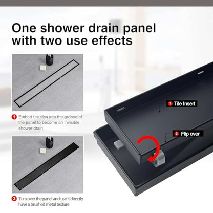 SaniteModar Linear Shower Drain 16 inch Matte Black with Tile Insert Panel | AISI 304 Stainless Steel Black Linear Dain Rectangle Shower Floor Drain with Hair Strainer and Leveling Feet - color: Black Tile Insert Grate, size: 16 inch