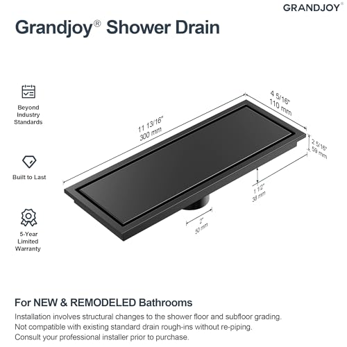 12-Inch Linear Shower Drain, Matte Black SUS304 Stainless Steel with 2-in-1 Tile Insert Cover & Flat Grate, High Flow Floor Drainer with Hair Strainer, Adjustable Feet - color: Matte Black, size: 12