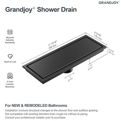 12-Inch Linear Shower Drain, Matte Black SUS304 Stainless Steel with 2-in-1 Tile Insert Cover & Flat Grate, High Flow Floor Drainer with Hair Strainer, Adjustable Feet - color: Matte Black, size: 12