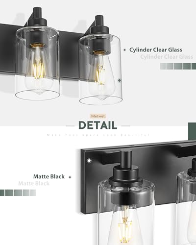 3-Light Bathroom Light Fixtures, Black Vanity Light with Cylinder Clear Glass Shade, Modern Vanity Lighting Fixtures Over Mirror, VL143-MB-3 | 16.5" modern bathroom light fixtures over mirror, E26 base, bulbs not included, VL143-MB-3 - color: Black, Cylin