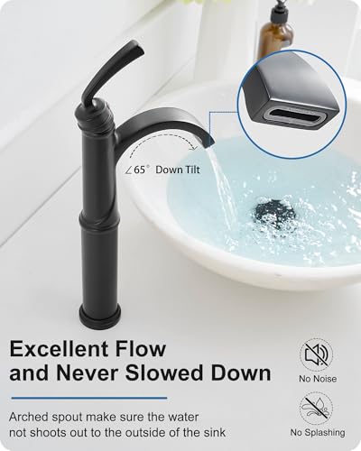 Waterfall Vessel Faucet, Tall Bathroom Faucet Black, Brass Vessel Sink Faucets Bathroom Sink Faucet One Hole Single Handle with Supply Hoses Pop-up Drain - color: Matte Black