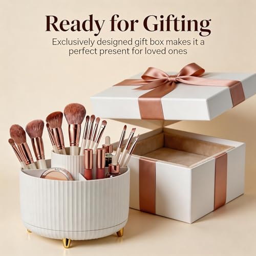 360 Rotating Makeup Brush Holder Organizer, 5-Slot White Spinning Cup for Women, Vanity Desk & Bathroom Storage for Cosmetics and Beauty Tools Accessories