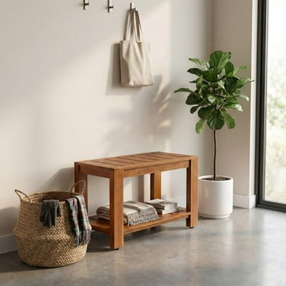 Teak Shower Bench with Shelf, 24” Wide, Shower Stool, Fully Assembled Bathroom Shower Seat, Water-Resistant Spa Bath Bench for Shower, Bathroom & Entryway, The Tara